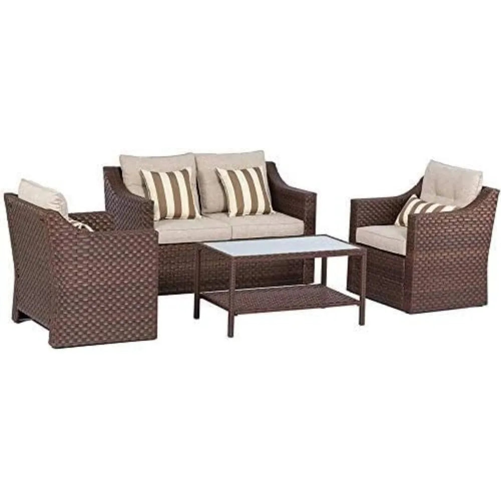 Outdoor Patio Furniture Set 7-Piece Wicker Conversation  Lounge Chairs with Ottoman & Loveseat with Glass Coffee Table Pillow