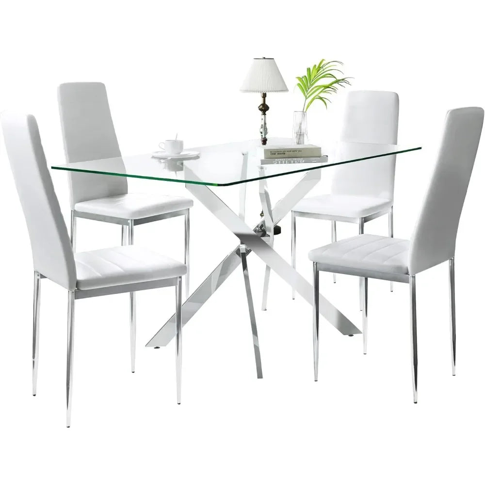 Glass Dining Table, Rectangular Kitchen Table, Small Dining Table with 4 Chairs, 5 Piece Glass Dinings Tables and Chair Set