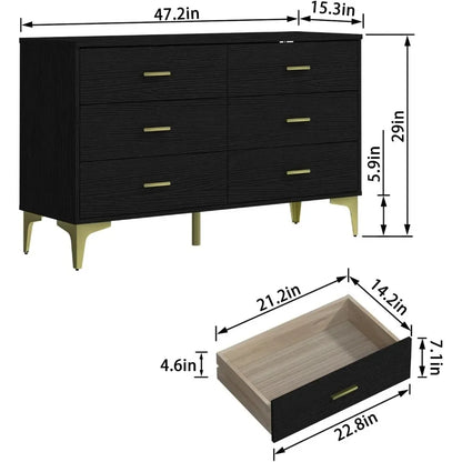 Modern 6 Drawer Wood Dresser, Wood Lateral Chest of Drawers Storage Organizer with Wide Drawers & Metal Gold Handles for Bedroom