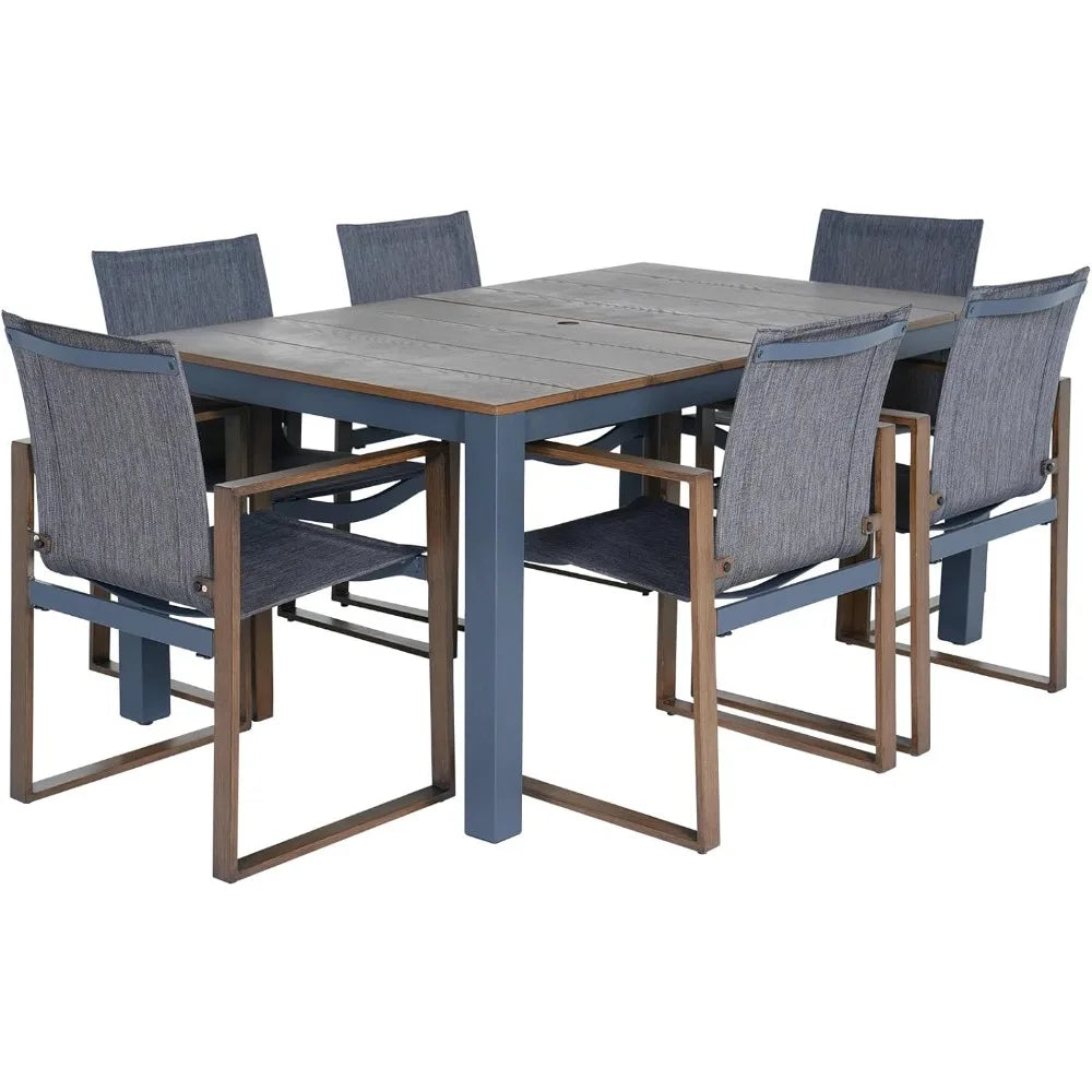 7 Piece Outdoor Dining Set with Faux Wood Grain Finish, Modern Alunimum Table and Chairs for 6 with Market Umbrella Hole