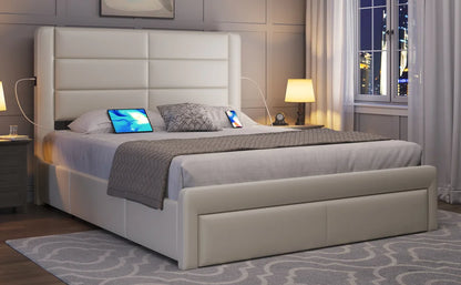 Queen Size Bed Frame with USB Charging Station/Port Storage Drawers,Leather Upholstered Platform Bed with Headboard