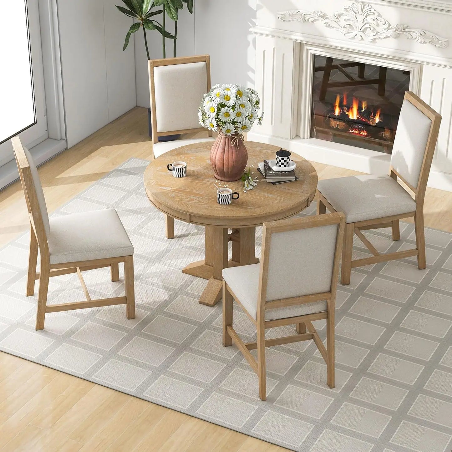 5-Piece Round Dining Table Set, Extendable Table with 4 Upholstered Chairs, Dining Room Table Sets, Kitchen Tables sets