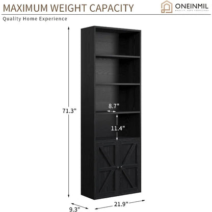 6 Tier Bookshelf and Bookcase, Wooden Bookshelves with Cabinet Doors, Floor Bookshelves and Office Storage Cabinets