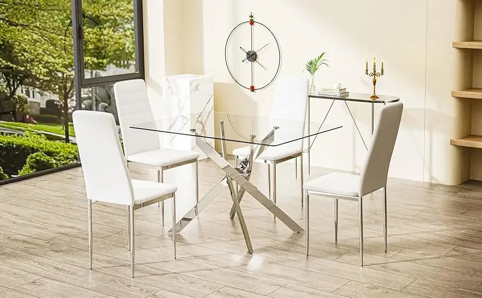 Glass Dining Table, Rectangular Kitchen Table, Small Dining Table with 4 Chairs, 5 Piece Glass Dinings Tables and Chair Set