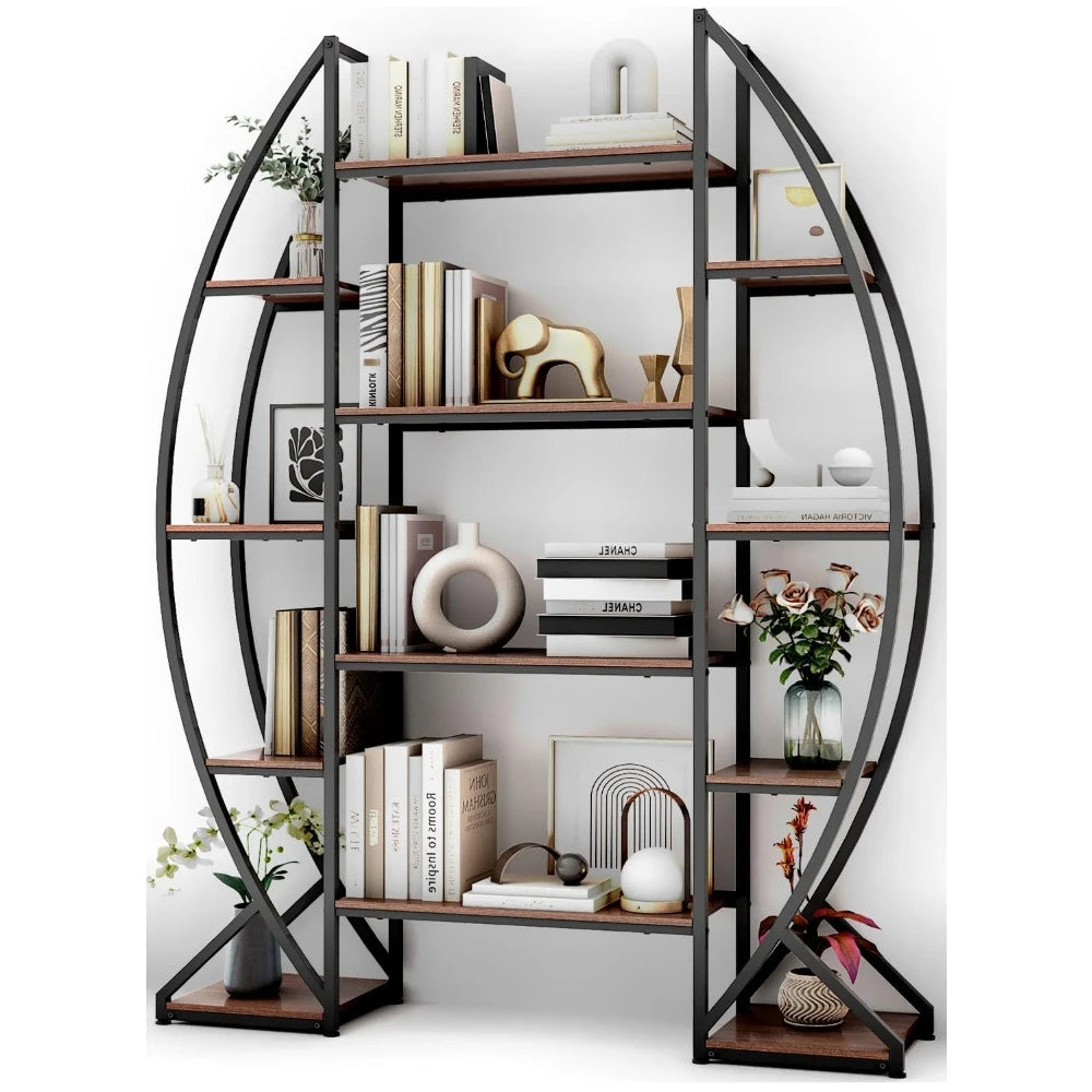 Oval Bookshelf 5 Tier Industrial Bookcases,Standing Tall Bookshelves Storage for Books, Farmhouse Wood and Metal Display Shelves