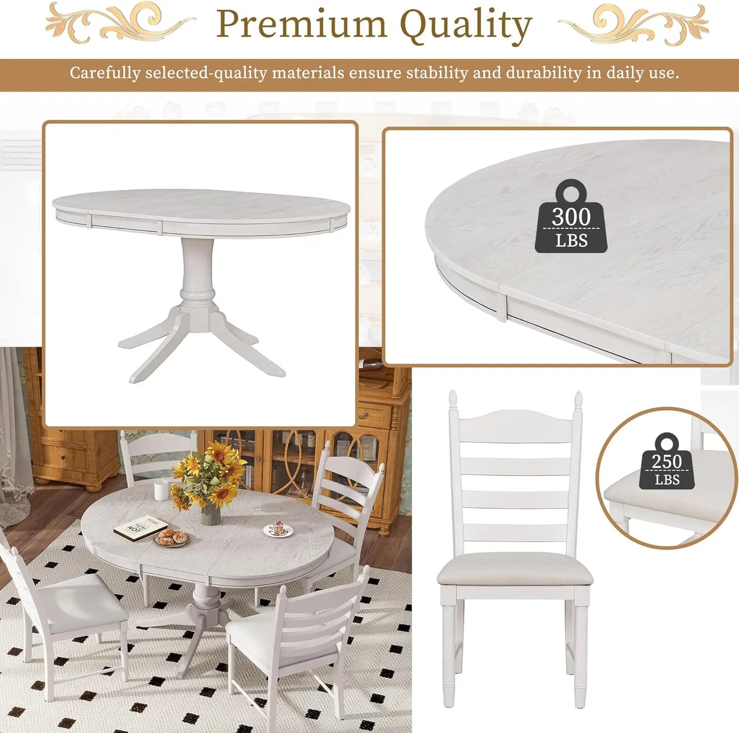 5-Piece Round Dining Table Set, Extendable Table with 4 Upholstered Chairs, Dining Room Table Sets, Kitchen Tables sets