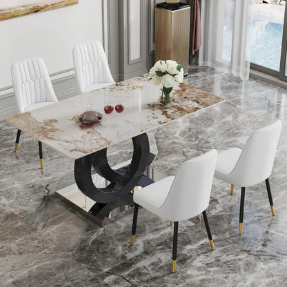 White marble dining table, 63 inch rectangular, imitation marble glass tabletop, gold MDF base, modern marble dining table