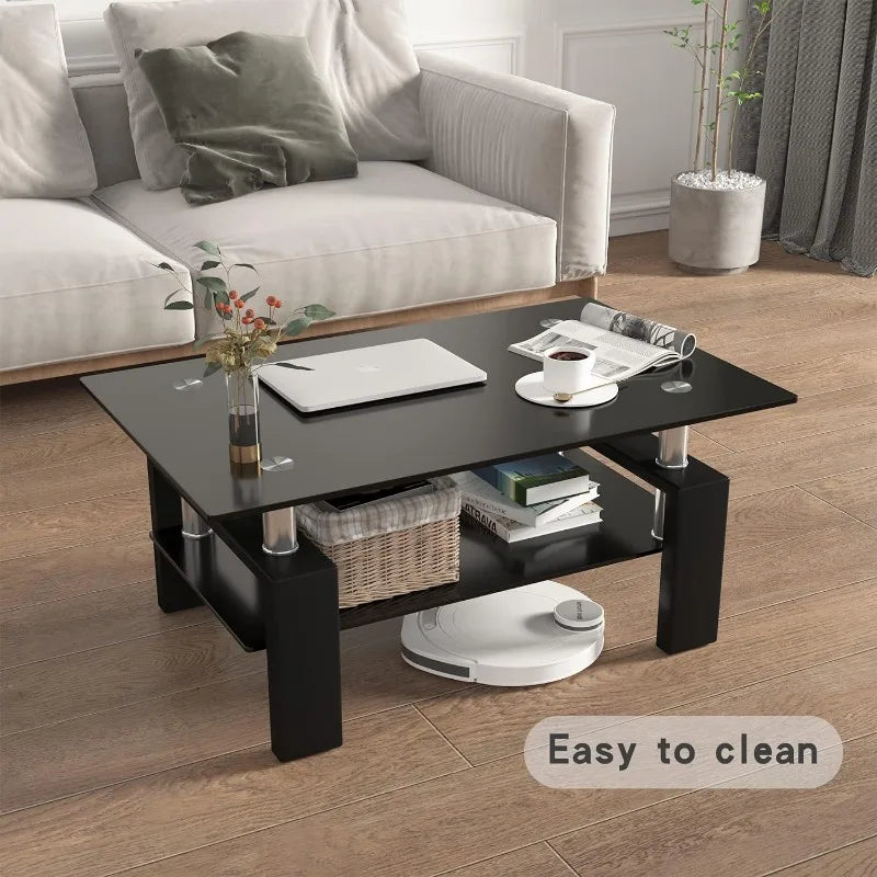 Rectangle Glass Coffee Table 2-Tier Tea Table Modern Side Coffee Table for Living Room