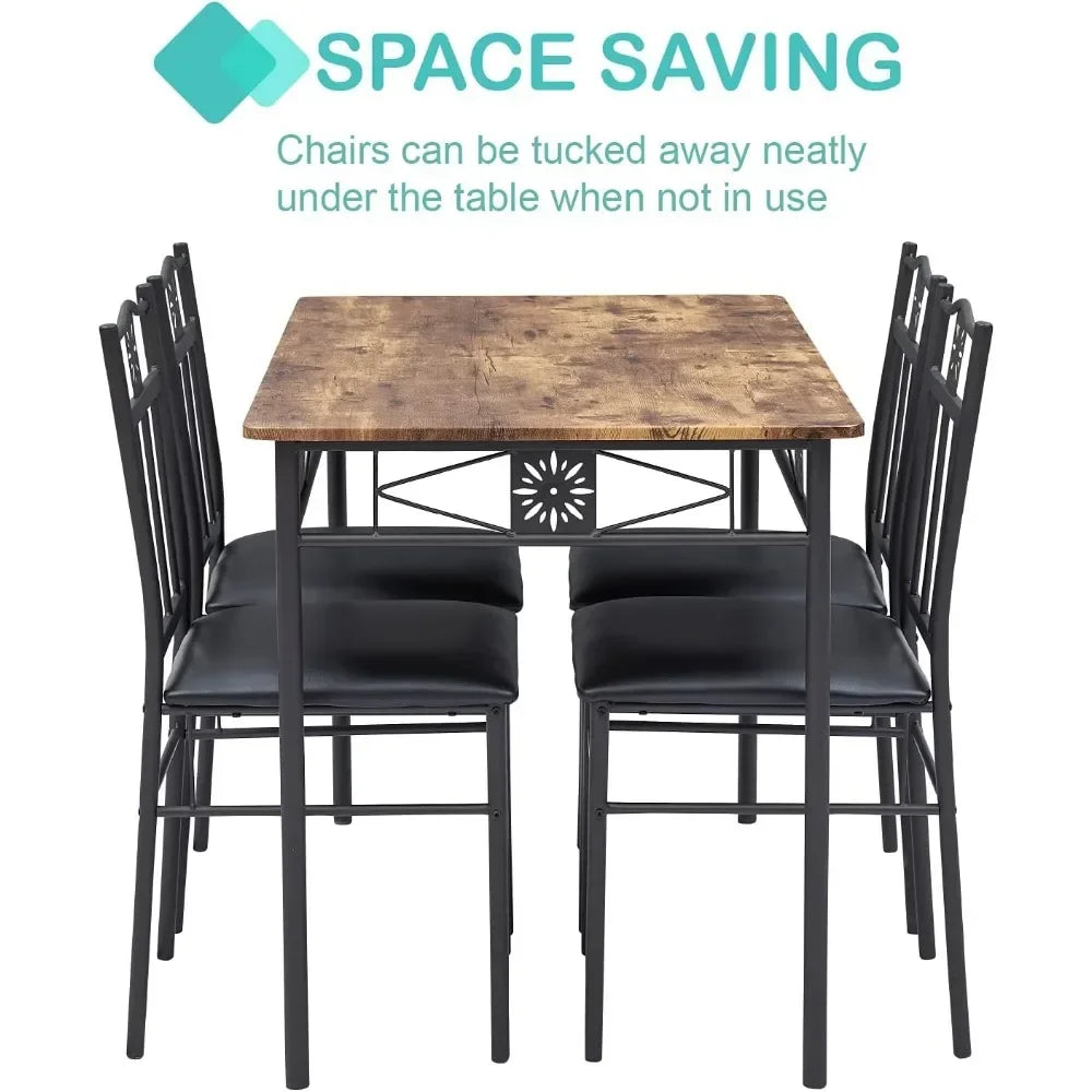 Kitchen Dining Room Table Sets for 4, 5 Piece Metal and Wood Rectangular Breakfast Nook,Dinette with Chairs,Brown