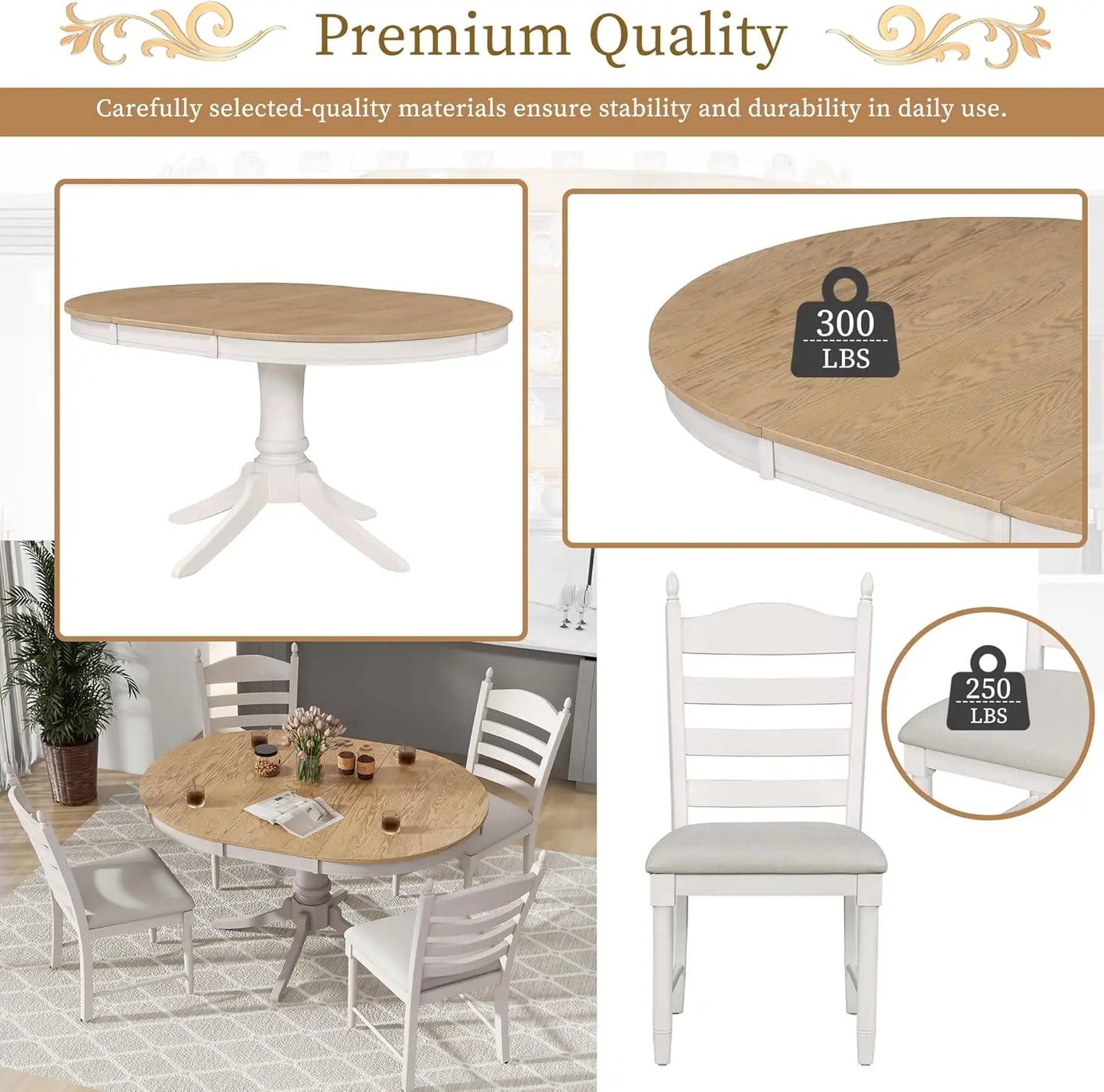 5-Piece Round Dining Table Set, Extendable Table with 4 Upholstered Chairs, Dining Room Table Sets, Kitchen Tables sets