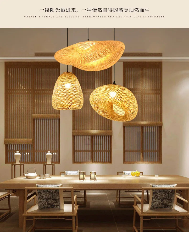 Bamboo Hand Weaving Pendant Light 40cm Hanging LED Ceiling Lamp Chandelier Fixture Rattan Hand Craft Woven Home Bedroom Decor