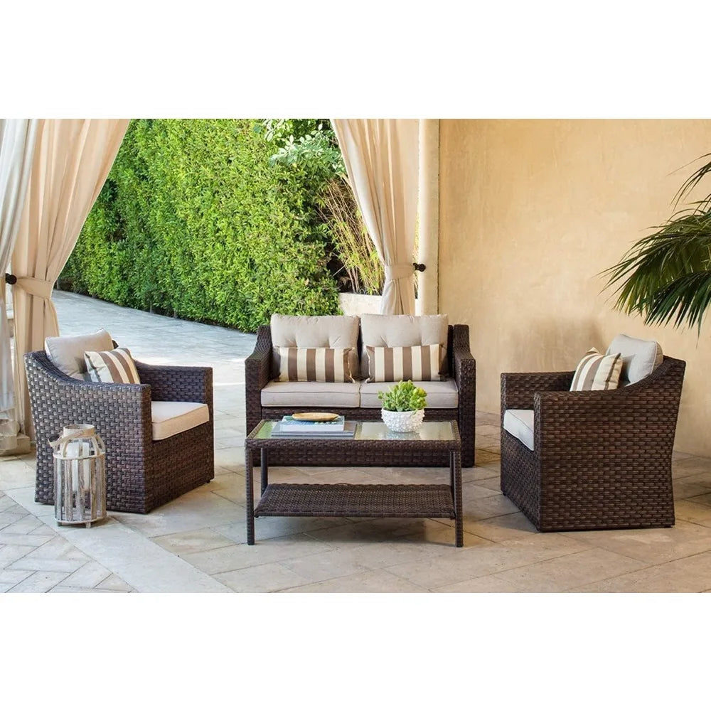 Outdoor Patio Furniture Set 7-Piece Wicker Conversation  Lounge Chairs with Ottoman & Loveseat with Glass Coffee Table Pillow