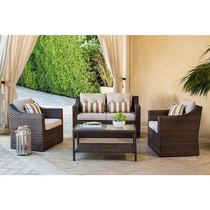 Outdoor Patio Furniture Set 7-Piece Wicker Conversation  Lounge Chairs with Ottoman & Loveseat with Glass Coffee Table Pillow