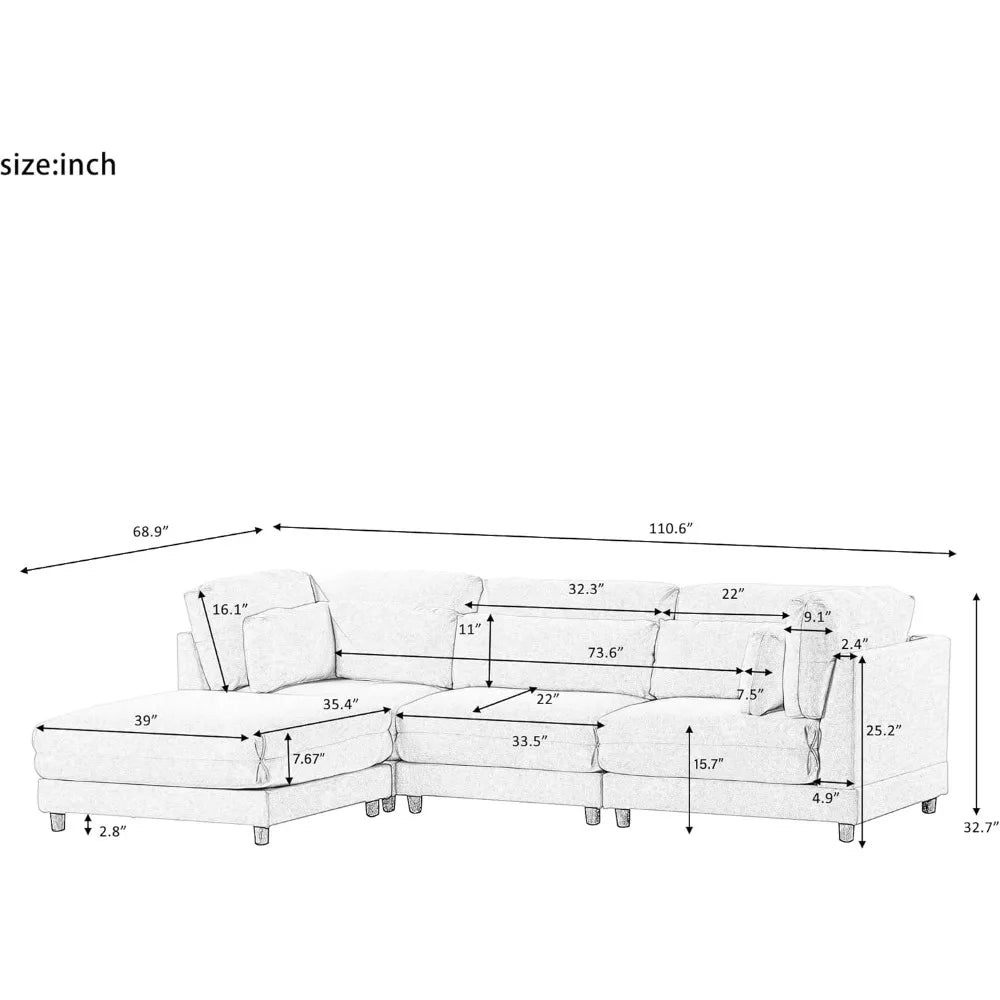 Living Room Sofas with Reversible Chaise, Ottoman & 2 Pillows, 4 Seat Upholstered Modular Sectional Couch Set, L-Shaped Sofas