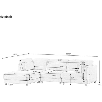 Living Room Sofas with Reversible Chaise, Ottoman & 2 Pillows, 4 Seat Upholstered Modular Sectional Couch Set, L-Shaped Sofas