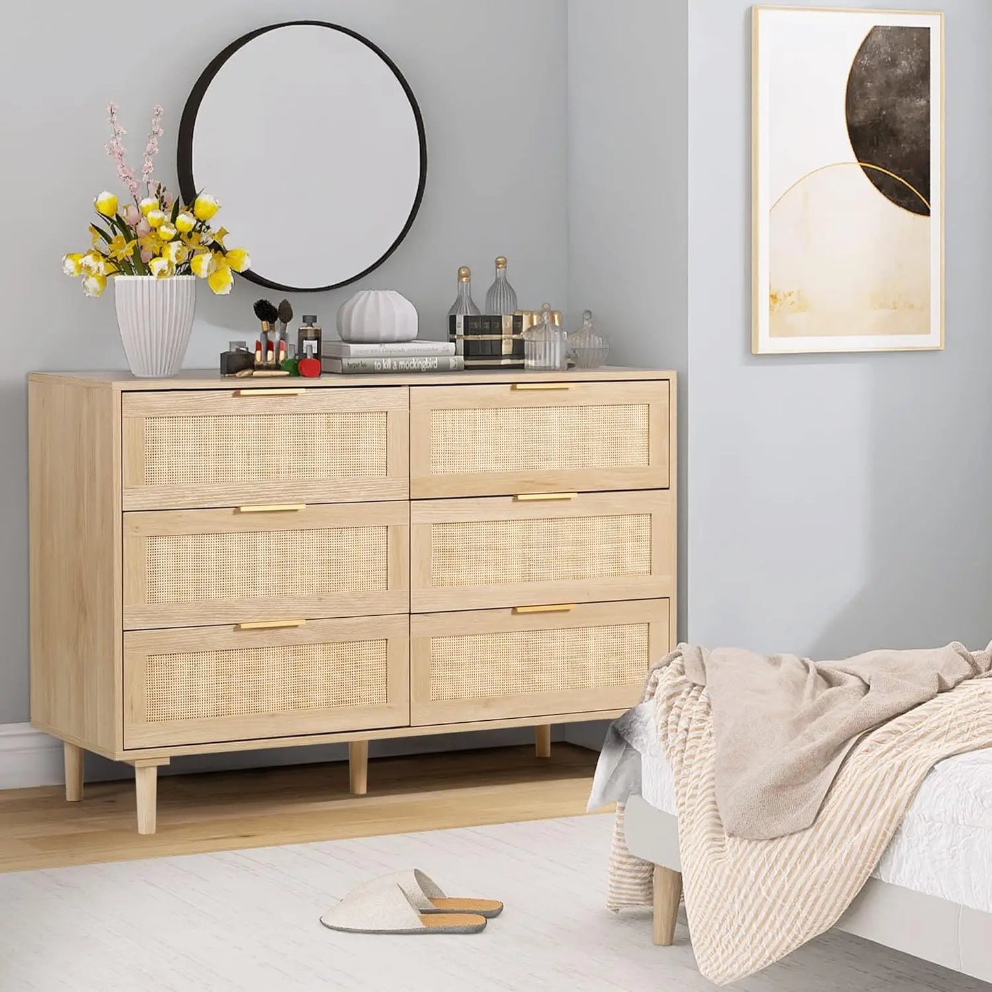 3/4/5/6/7/8 Drawer Dresser Rattan Dresser Modern Chest with Drawers,Wood Storage Closet Dressers Chest of Drawers