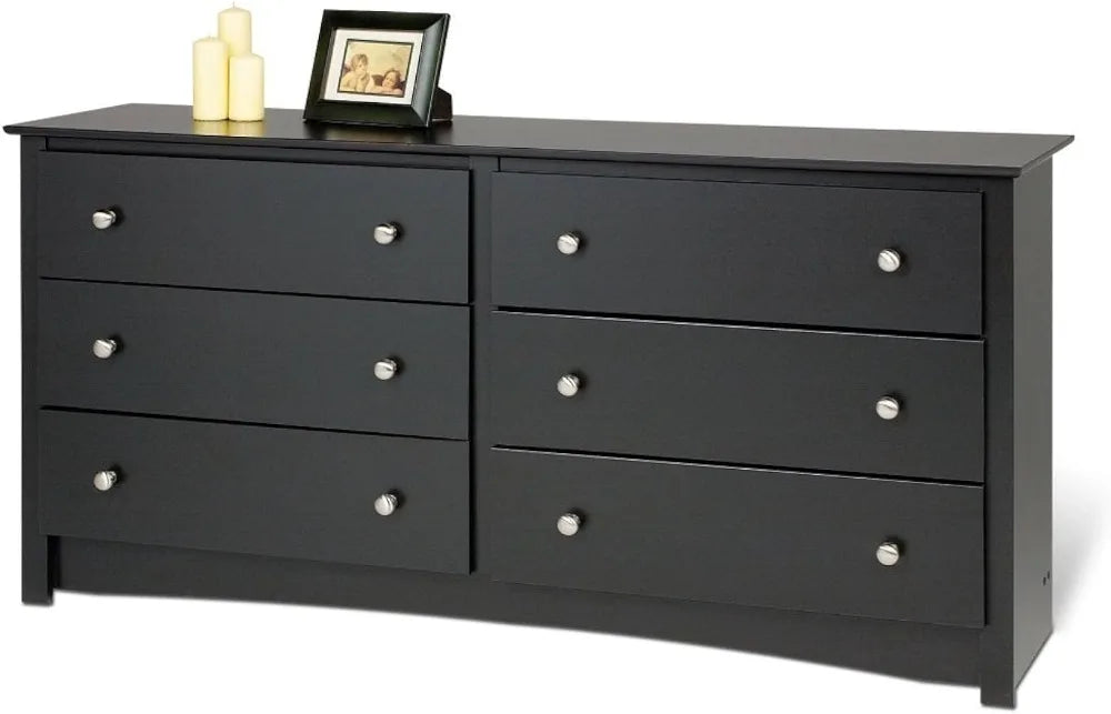 Bedroom Furniture: Black Double Dresser for Bedroom, 6-Drawer Wide Chest of Drawers, Traditional Bedroom Dresser