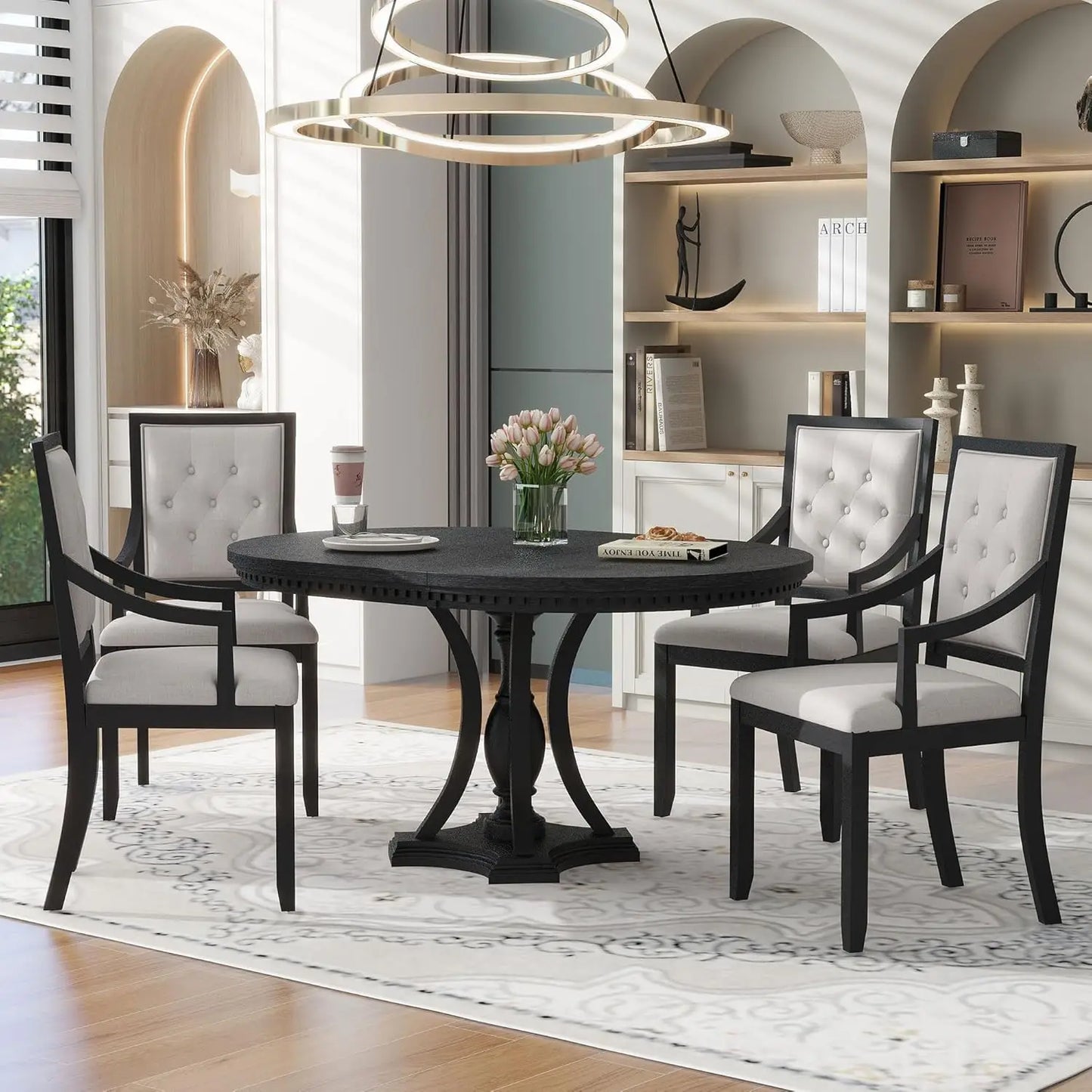 5-Piece Round Dining Table Set, Extendable Table with 4 Upholstered Chairs, Dining Room Table Sets, Kitchen Tables sets