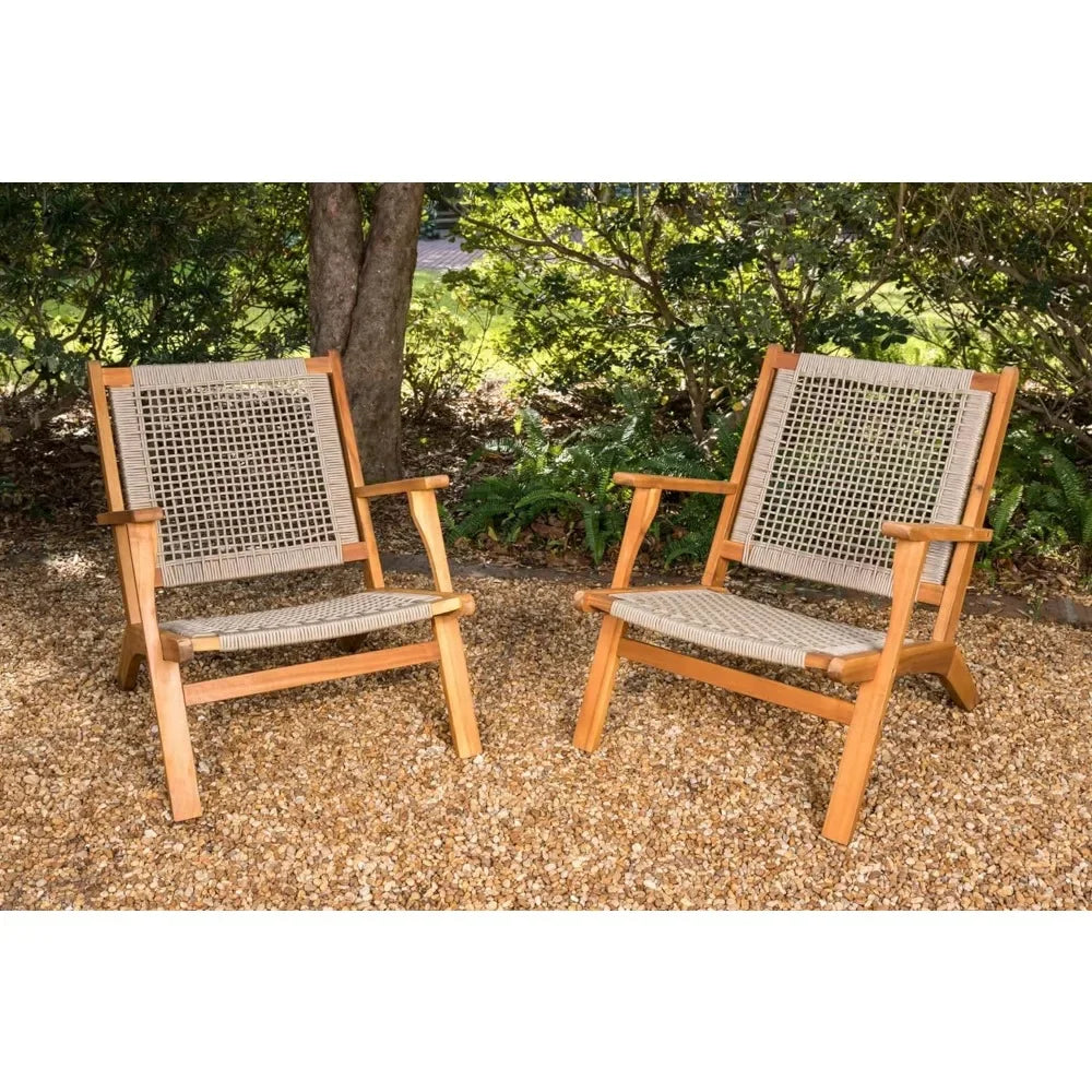 Natural Stain Outdoor Chair Acacia Wood Construction Hand Woven Seat Comfortable Reclining Armchair Patio Lawn Garden Backyard