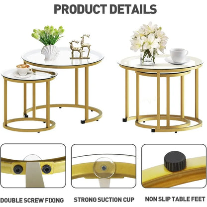 Coffee Table Nesting White Set of 2 Side Set Golden Frame Circular and Marble Pattern Wooden Tables, Living Room Bedroom