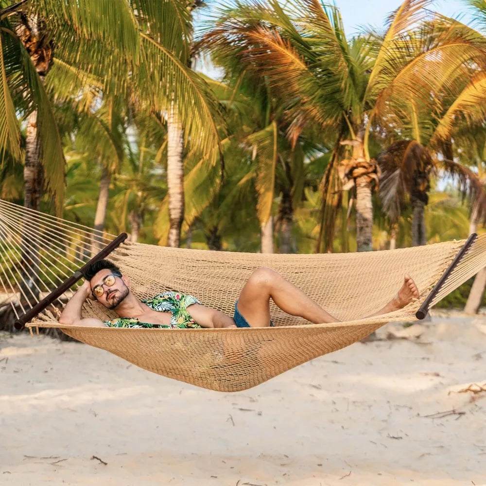 10 FT Double 2 Person Caribbean Rope Hammock, Hand Woven Polyester Hammock with Spreader Bars, Extra Large Outside Outdoor