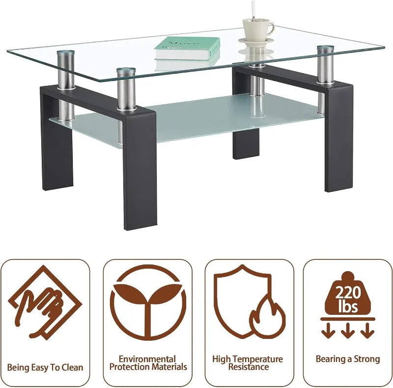 Rectangle Glass Coffee Table 2-Tier Tea Table Modern Side Coffee Table for Living Room