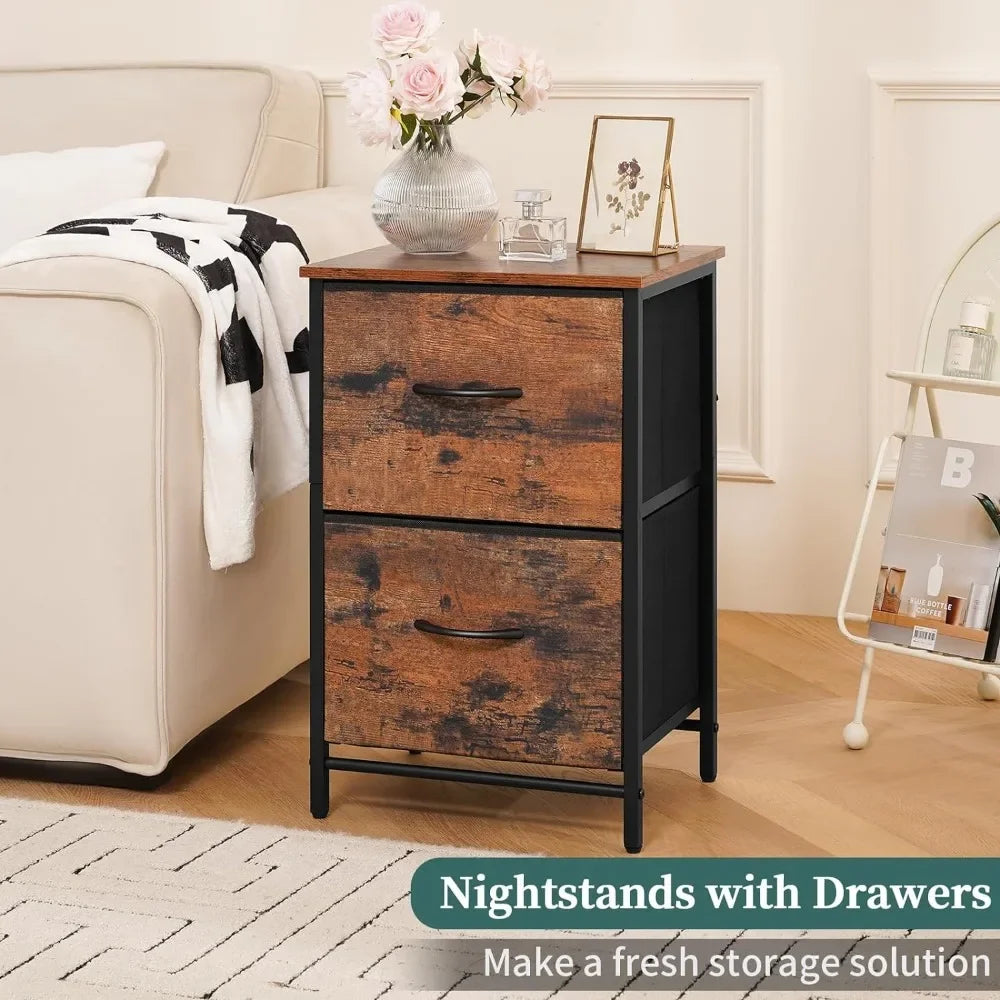 Night Stand Set 2, Nightstand with 2 Fabric Drawers, Small Wood Nightstands for Bedroom, Bedside Tables with Drawers