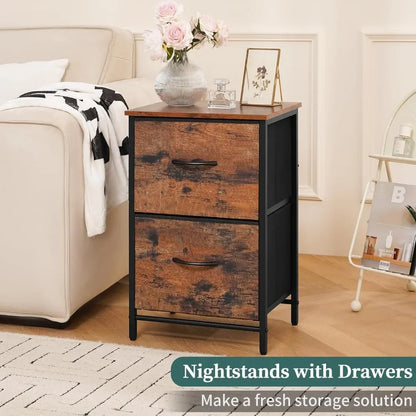 Night Stand Set 2, Nightstand with 2 Fabric Drawers, Small Wood Nightstands for Bedroom, Bedside Tables with Drawers