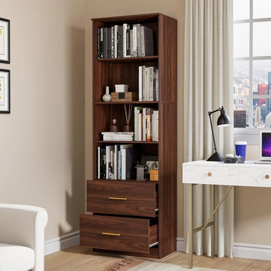 Oak Bookcase with Drawers, 4 Shelf Bookcase with Adjustable Shelve, 4-Tier Freestanding Tall Bookcase, Oak Bookshelf