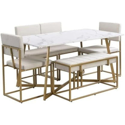 6-Piece Dining Table Set, Metal Kitchen Table Set w/ 4 Dining Chairs & Bench, Modern Faux Marble Dining Room Set for Kitchen