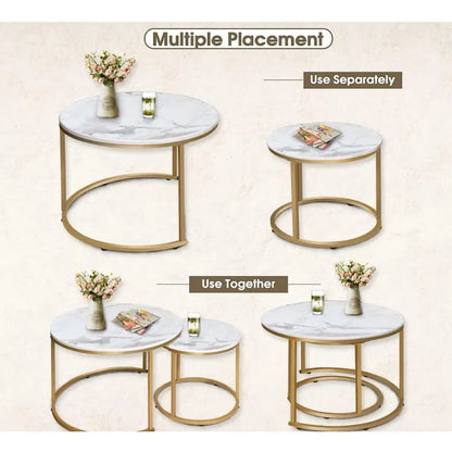 Coffee Table Nesting White Set of 2 Side Set Golden Frame Circular and Marble Pattern Wooden Tables, Living Room Bedroom