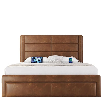 Queen Size Bed Frame with USB Charging Station/Port Storage Drawers,Leather Upholstered Platform Bed with Headboard