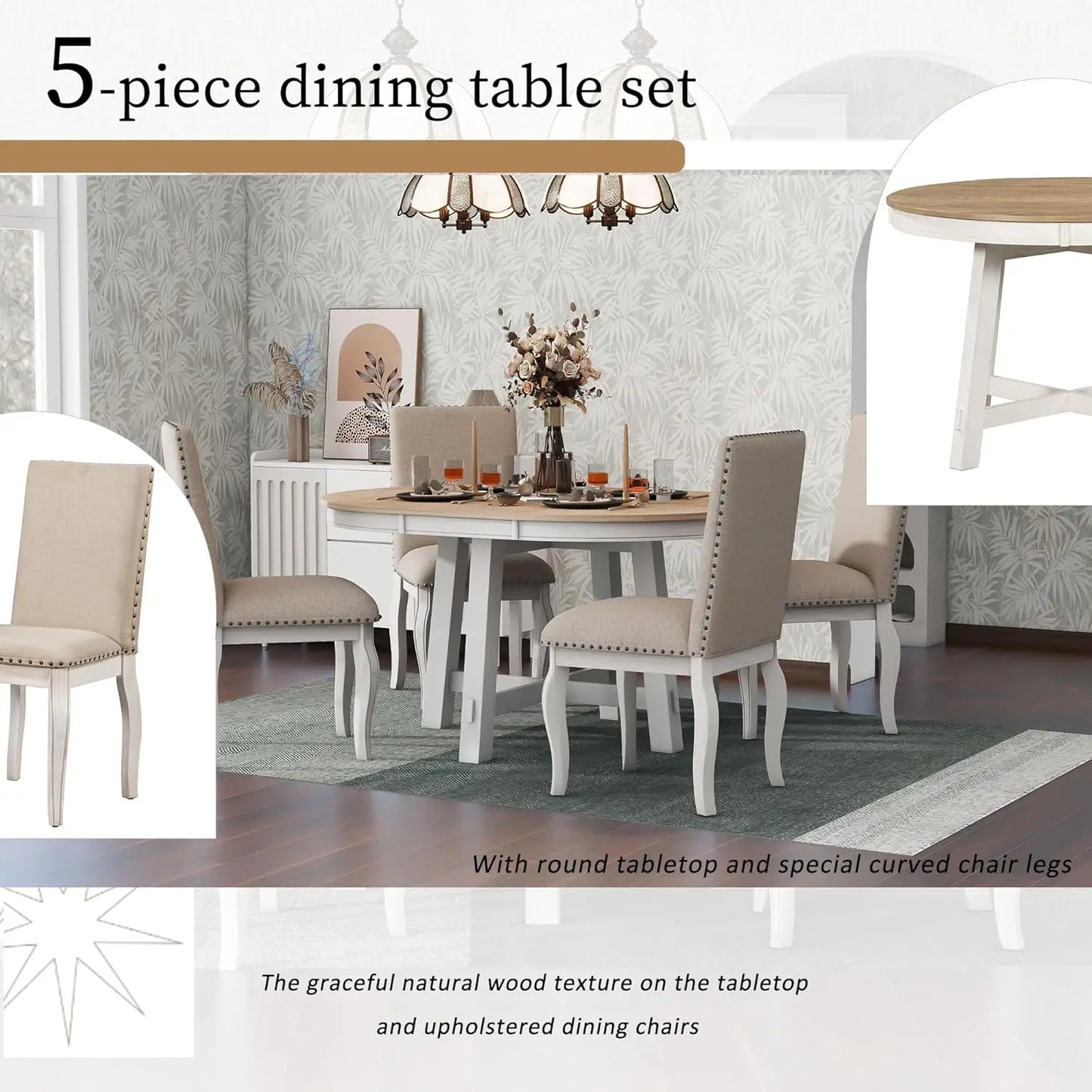 5-Piece Round Dining Table Set, Extendable Table with 4 Upholstered Chairs, Dining Room Table Sets, Kitchen Tables sets