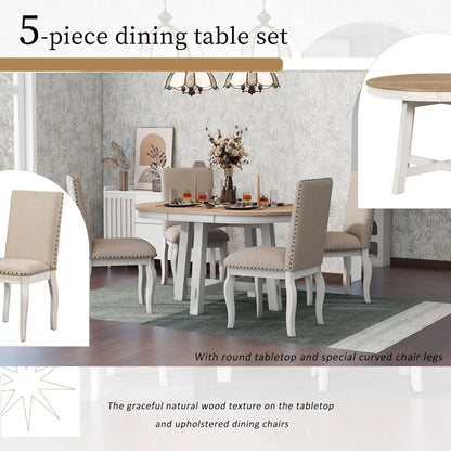 5-Piece Round Dining Table Set, Extendable Table with 4 Upholstered Chairs, Dining Room Table Sets, Kitchen Tables sets