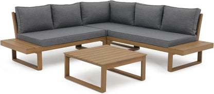 4 Piece Acacia Wood Patio Furniture Set, L-Shaped Outdoor Sectional Sofa with Coffee Table, Built-in Side Table, Cushions