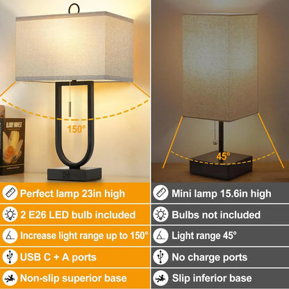 Luvkczc Nightstand Lamps Set of 2 with USB C+A Ports, 24'' Tall Table Lamp with Two 3000K LED Bulbs, Linen Lampshade