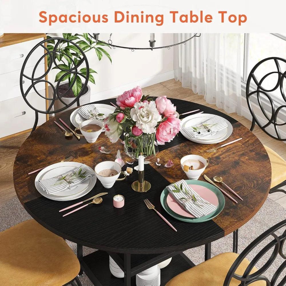 47 inch Round Dining Table for 4, Dinner Table with Storage Shelf Metal Legs for Home Dining Room Living Room(Only Table)