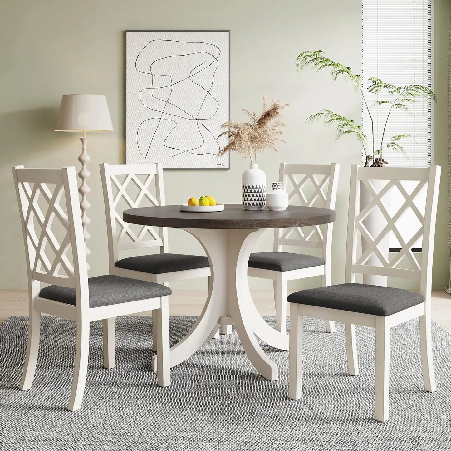 5-Piece Round Dining Table Set, Extendable Table with 4 Upholstered Chairs, Dining Room Table Sets, Kitchen Tables sets