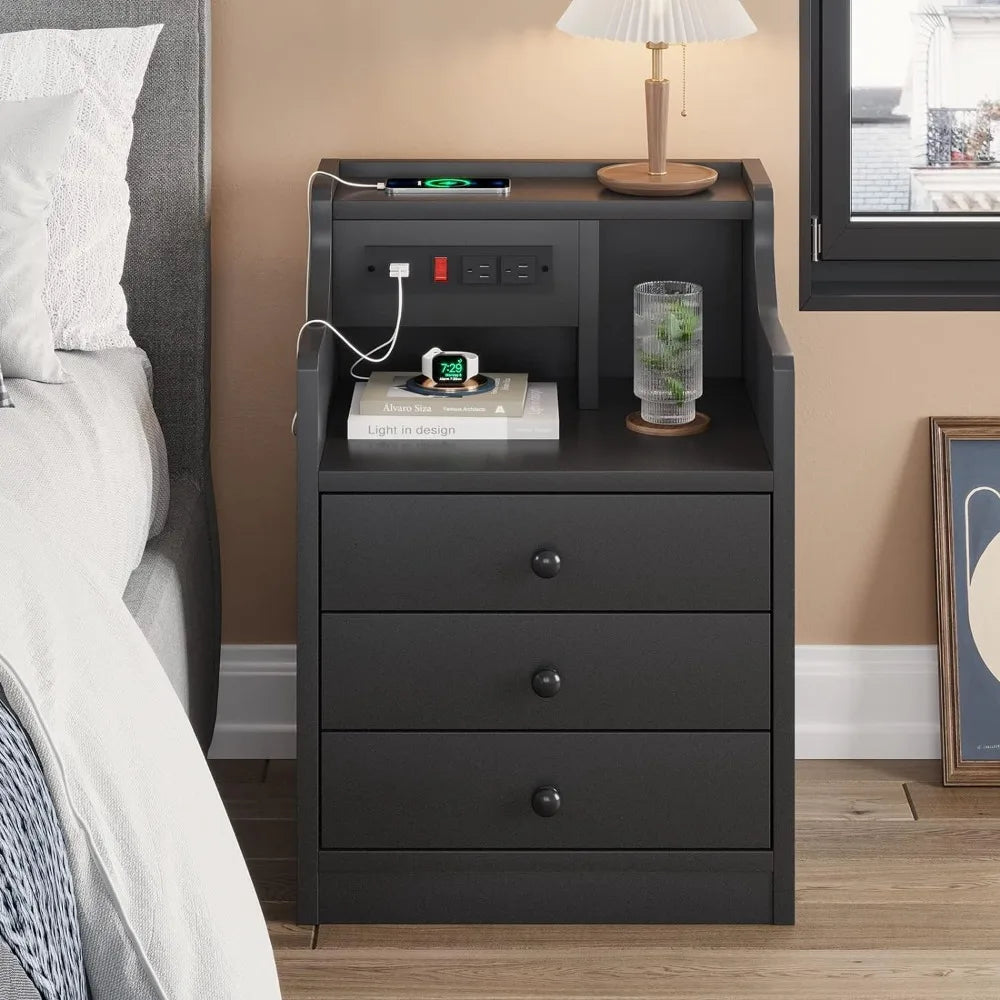 Nightstand with Charging Station,Black Night Stand for Bedroom,End Table with Hutch & Storage Drawers