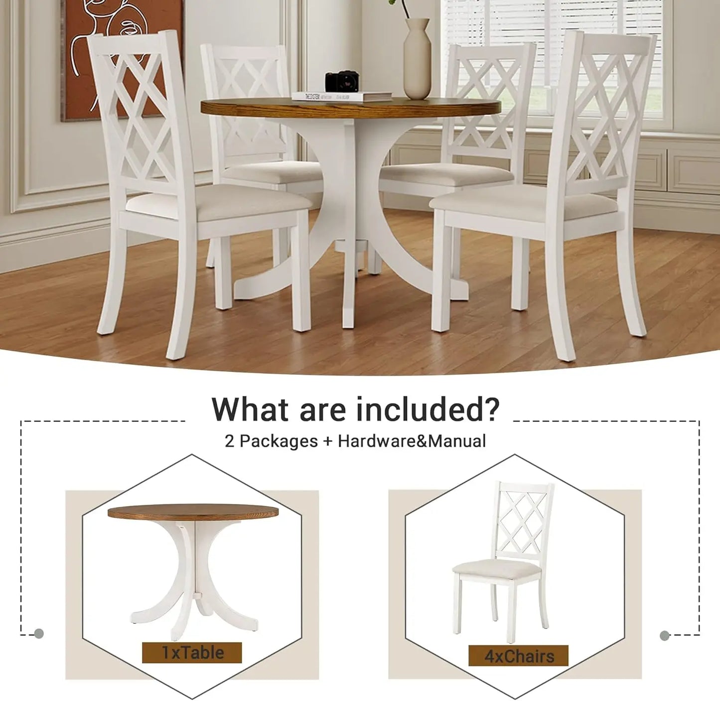 5-Piece Round Dining Table Set, Extendable Table with 4 Upholstered Chairs, Dining Room Table Sets, Kitchen Tables sets