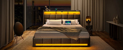 Twin Size Frame With LED Lights And Charging Station, Upholstered Bed Storage Headboard &Amp; Drawers, Heavy Duty