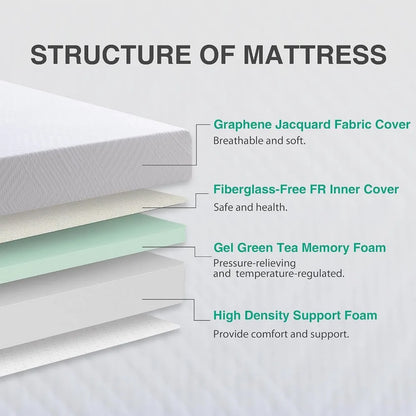 Queen Mattress 10 Inch Green Tea Memory Foam Queen Mattress in a Box, CertiPUR-US Certified Fiberglass Free Mattress,