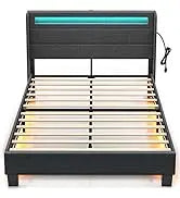 Twin Size Frame With LED Lights And Charging Station, Upholstered Bed Storage Headboard &Amp; Drawers, Heavy Duty