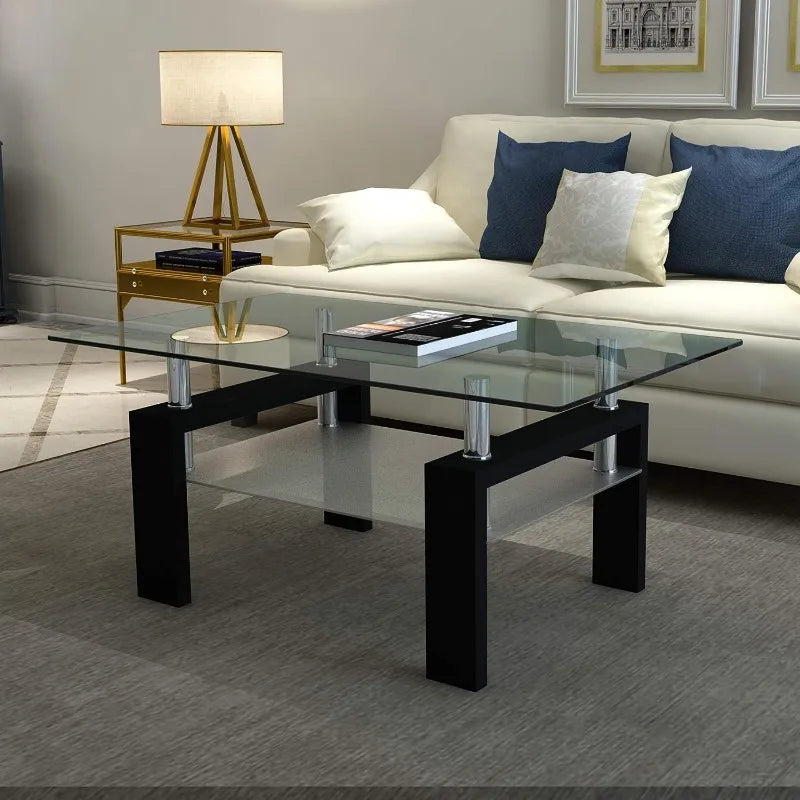 Clear Glass Coffee Table Metal Tube (All-Black)