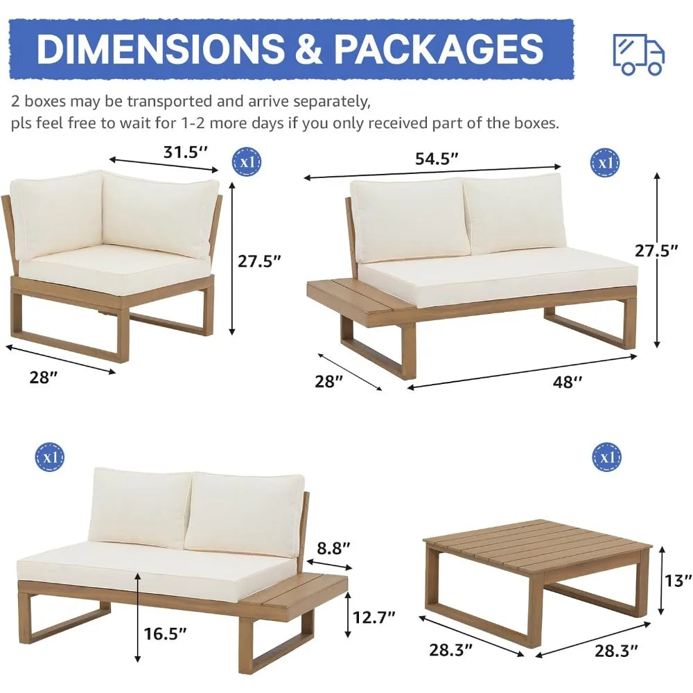 4 Piece Acacia Wood Patio Furniture Set, L-Shaped Outdoor Sectional Sofa with Coffee Table, Built-in Side Table, Cushions