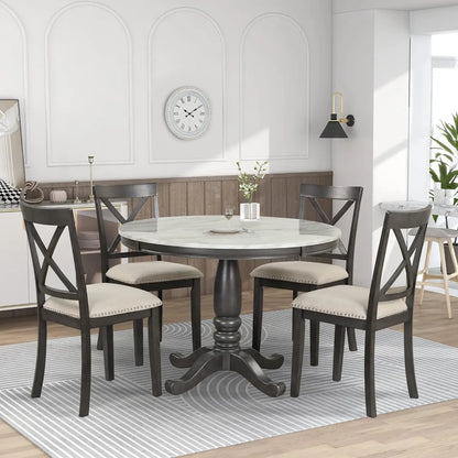 5-Piece Round Dining Table Set, Extendable Table with 4 Upholstered Chairs, Dining Room Table Sets, Kitchen Tables sets