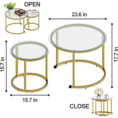 Coffee Table Nesting White Set of 2 Side Set Golden Frame Circular and Marble Pattern Wooden Tables, Living Room Bedroom