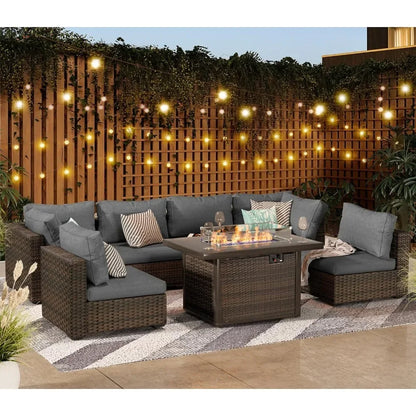 Patio Furniture Set 7 Pieces with Fire Pit Table Patio Sectional Furniture Sofa Chair Sets, PE Rattan Couch Conversation Set