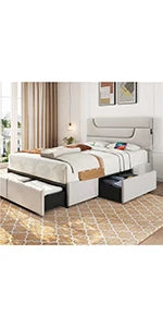 Queen Size Bed Frame with USB Charging Station/Port Storage Drawers,Leather Upholstered Platform Bed with Headboard