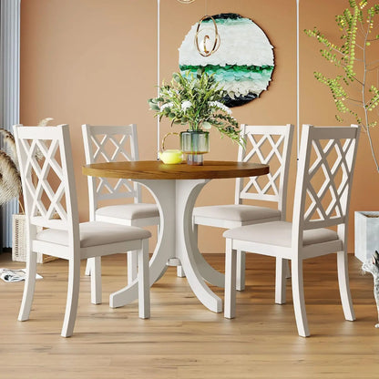 5-Piece Round Dining Table Set, Extendable Table with 4 Upholstered Chairs, Dining Room Table Sets, Kitchen Tables sets